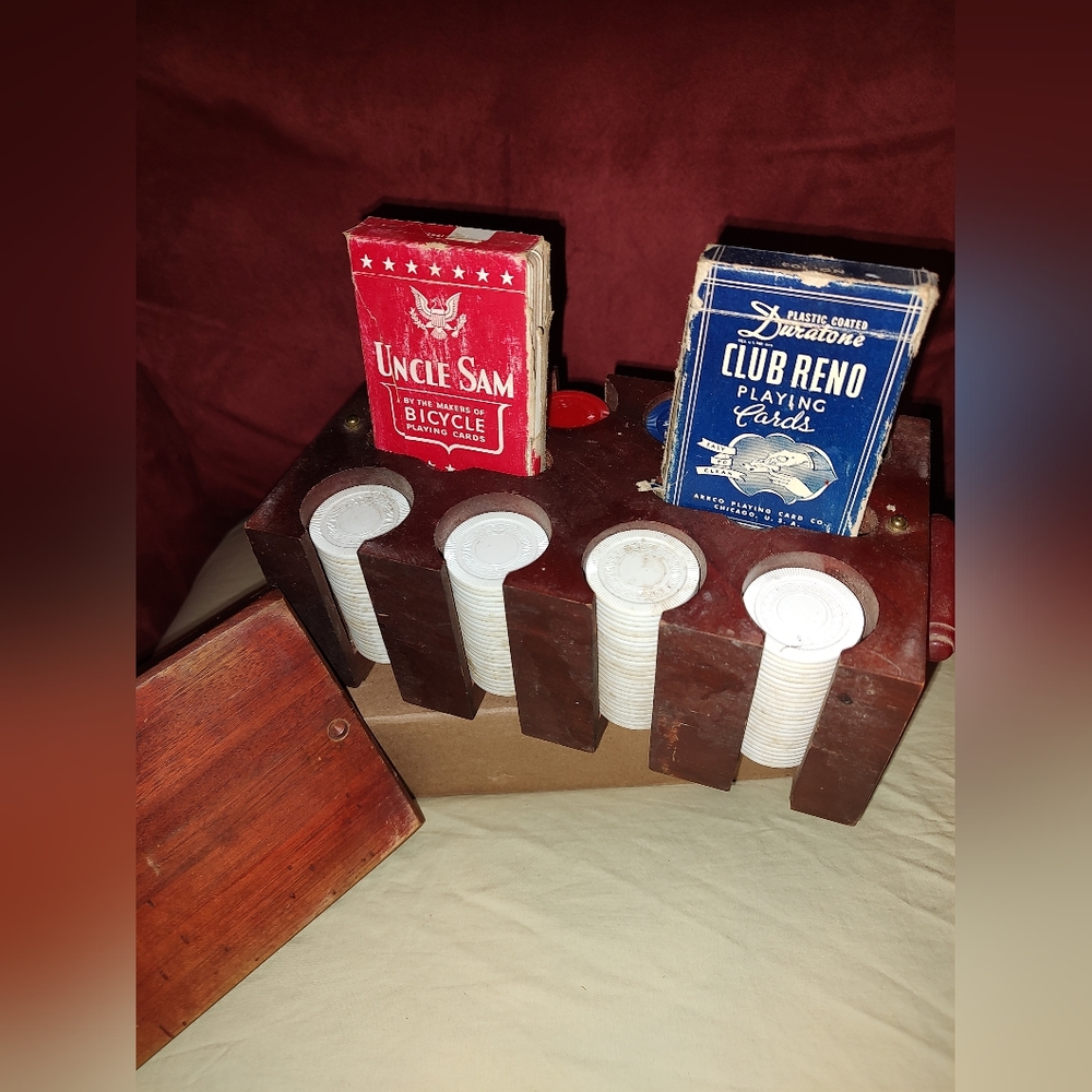 Vintage Wooden Poker Set w/ Cards and Chips